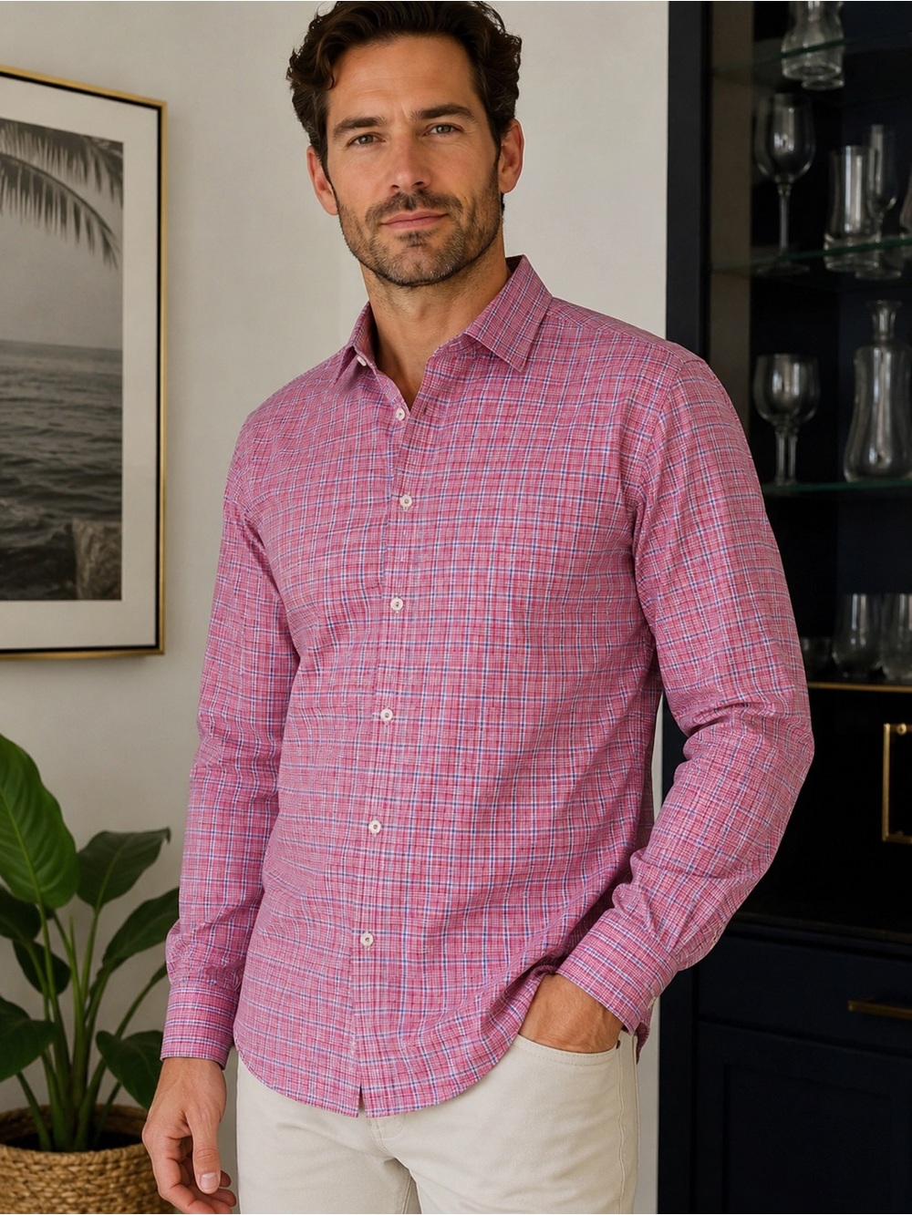 Bugatchi Pink Plaid Long-Sleeve Button-Down Shirt